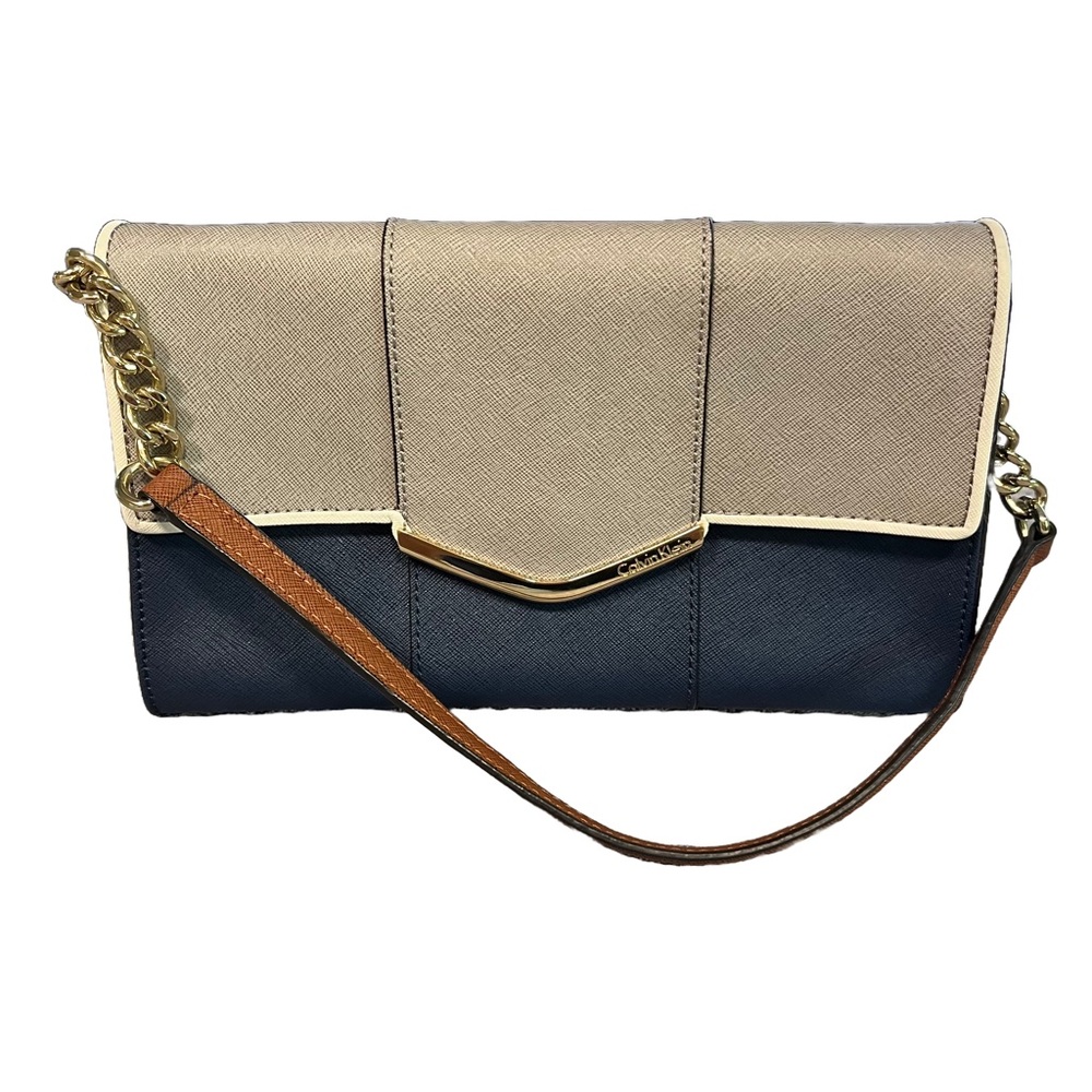 NEW Calvin Klein Two Tone Navy Blue/Gray Handbag Chain Strap Snap Closure Purse